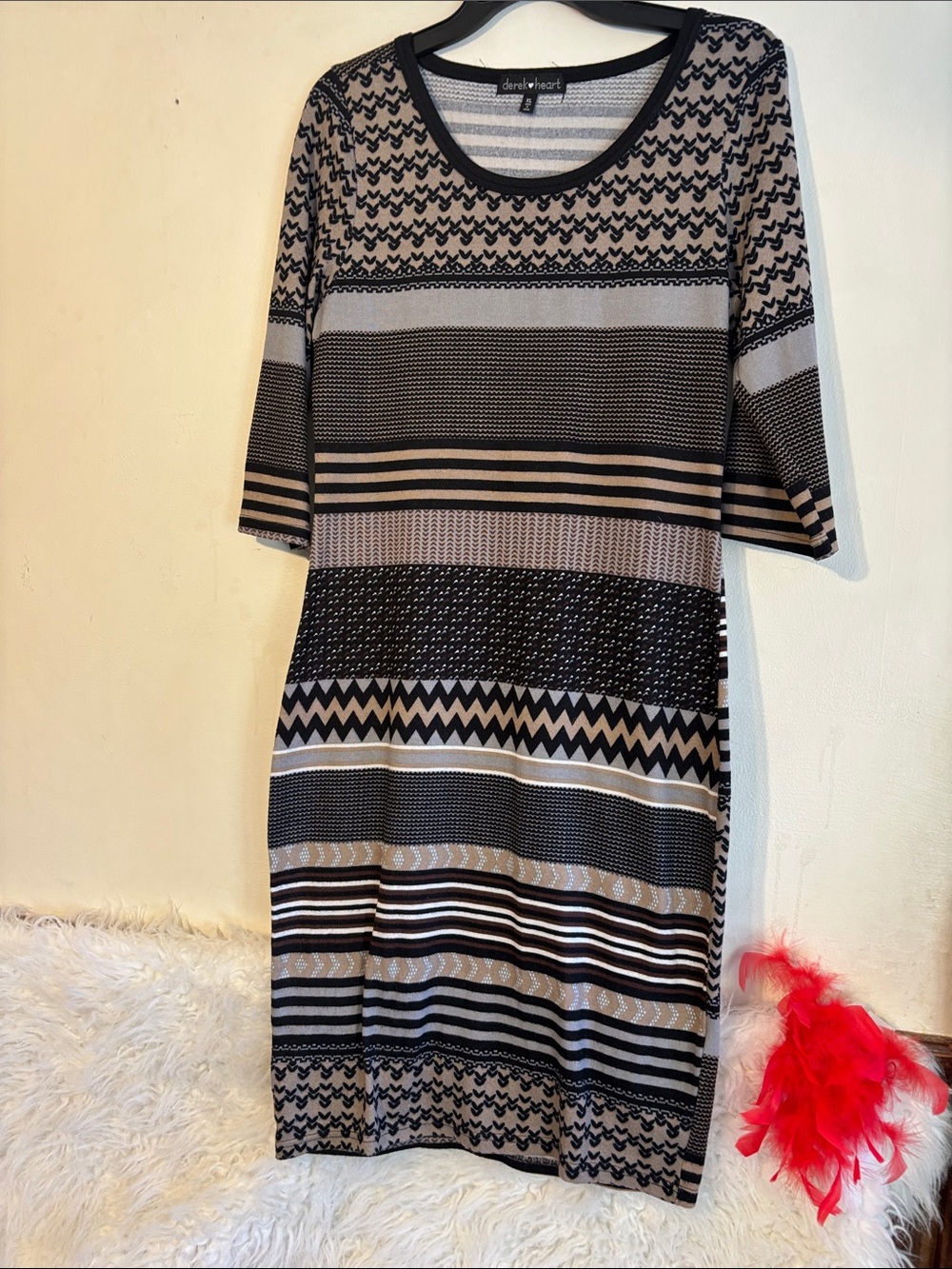 Derek Heart Black and Tan Striped Geometric Midi Dress